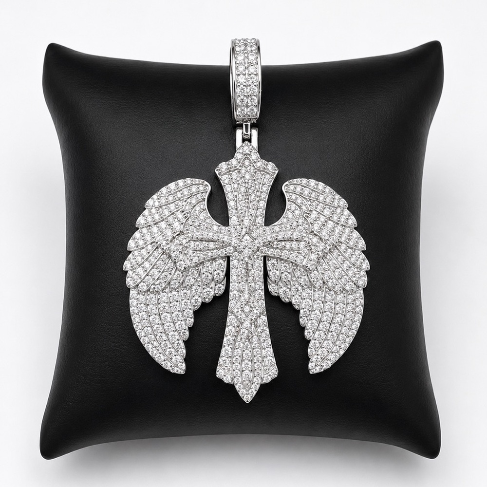 925 Sterling Silver 5.60CT Pave MOISSANITE Angel Wing Cross Men’s Pendant